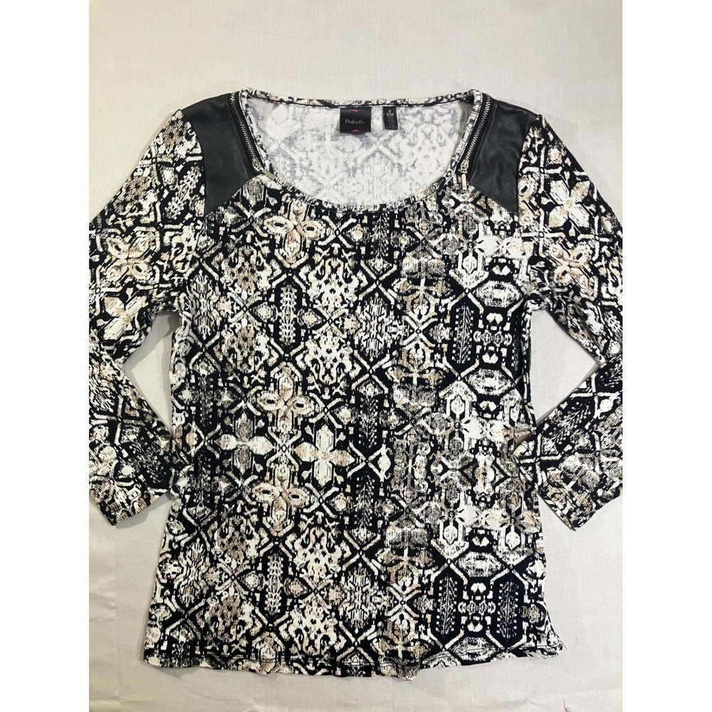 Rafaella Womens Small Black White Geometric Print 3/4 Sleeve Faux Leather Top